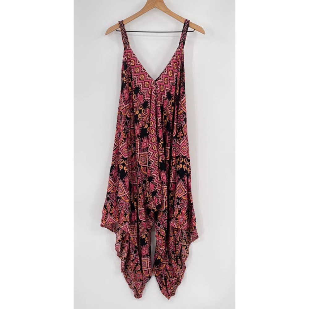 Angie Jumpsuit Womens Small Black Pink Harem Bohemian Wide Leg Sleeveless Boho